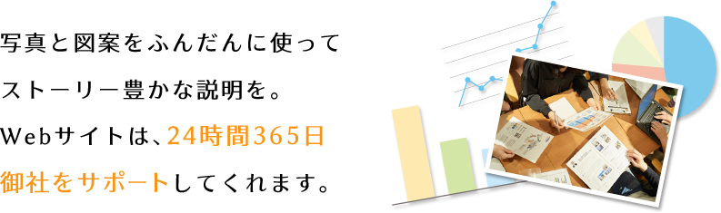 写真と図案をふんだんに使ってストーリー豊かな説明を。Webサイトは、24時間365日御社をサポートしてくれます。